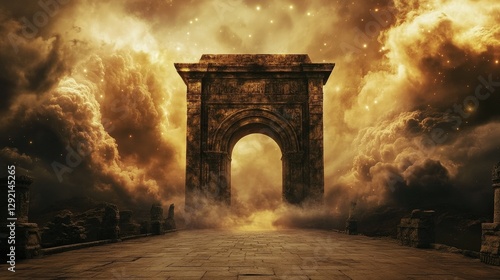Ancient Stone Archway Leading Into Endless Cosmic Nebula