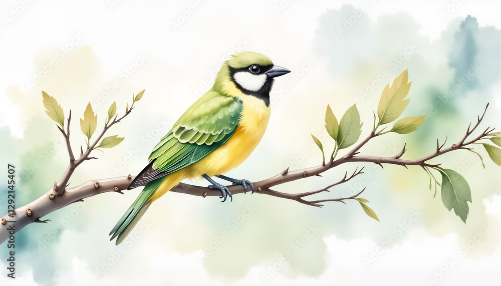 Naklejka premium Watercolor depiction of a bird on tree branch