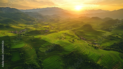 Sunset over lush rice terraces scenic landscape vietnam aerial view nature’s beauty unveiled