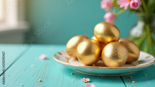 golden decorated easter eggs sit beautifully styled turquoise table festive easter photo