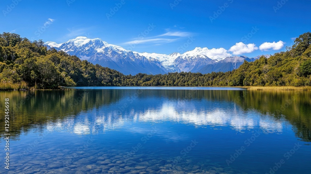 Fototapeta premium A tranquil lake with crystal-clear water reflects the majestic snow-capped mountain range and lush pine forest under a bright blue sky