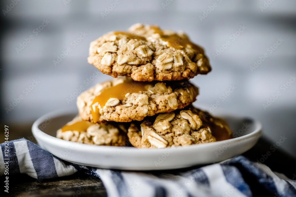 Stack of oatmeal cookies drizzled with caramel on white plate with striped cloth