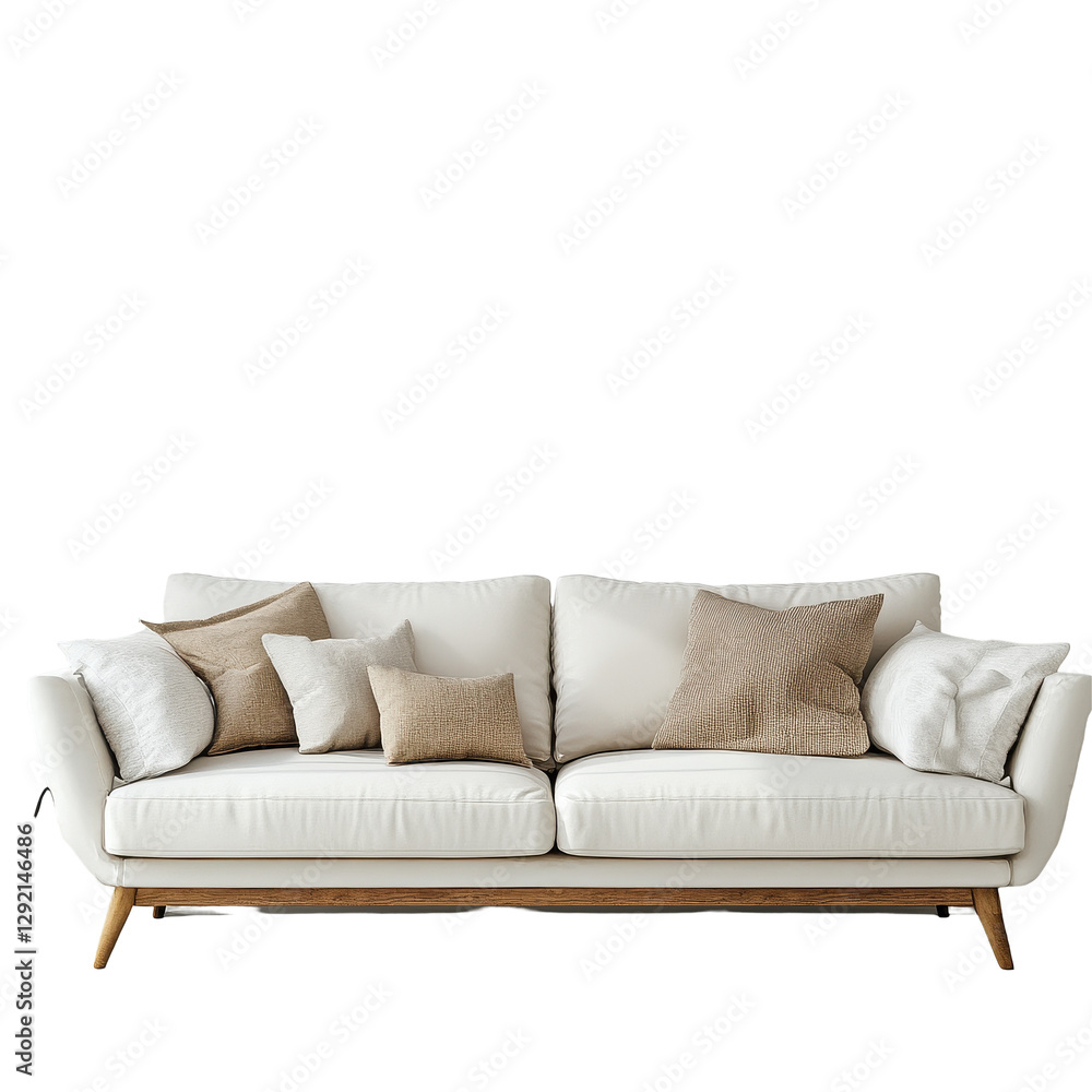 Naklejka premium Modern living room sofa with neutral cushions set against a clean Transparent background, Living room sofa on PNG background