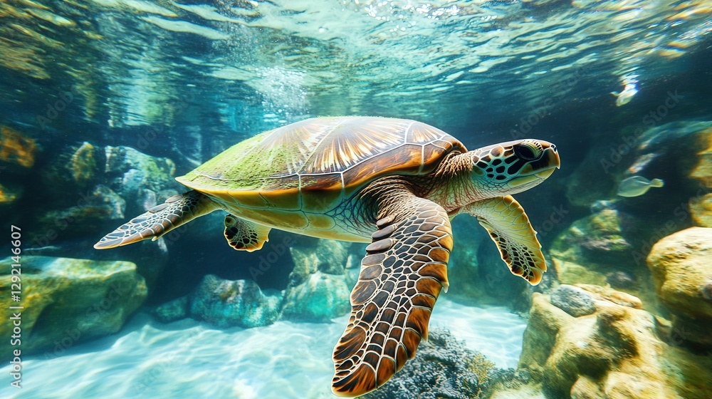 Fototapeta premium A graceful sea turtle glides through clear ocean waters, surrounded by vibrant coral formations
