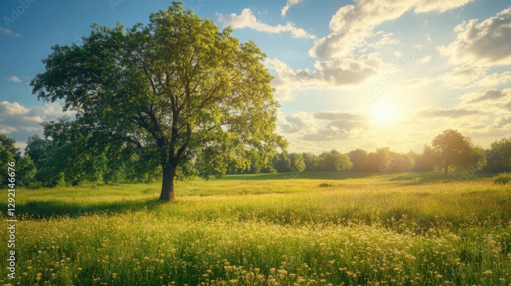 Obraz premium Landscape in summer with trees and meadows in bright sunshine