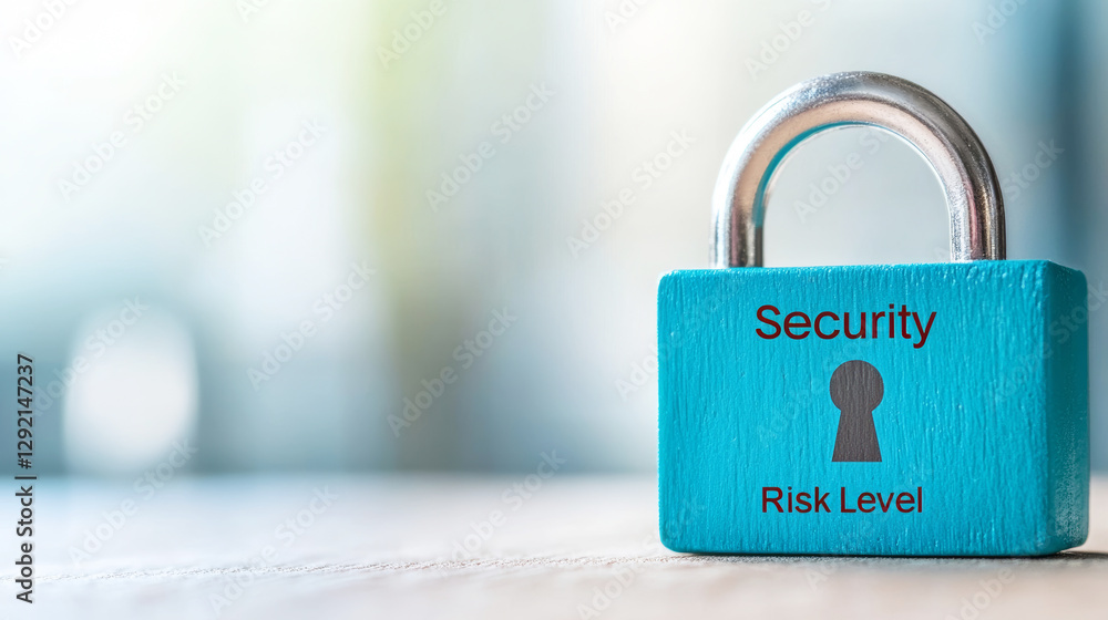 Fototapeta premium Closed padlock resting on a wooden surface, symbolizing security risk levels and emphasizing the importance of data protection and privacy