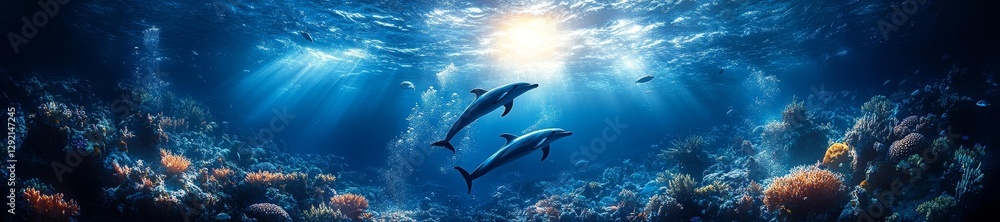 Fototapeta premium Dolphins Swimming in Clear Blue Ocean with Sunlight Streaming Through. Generative AI