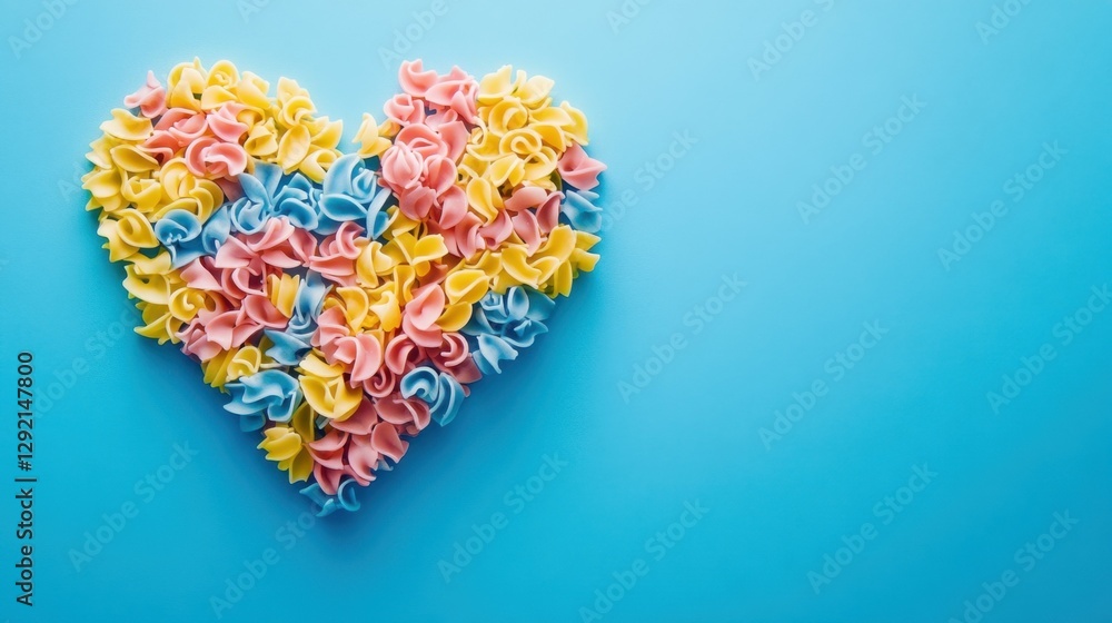 Colorful Heart Shape Made of Yellow, Blue, and Pink Pasta on Blue Background Colorful Heart Shape Made of Yellow, Blue, and Pink Pasta on Blue Background