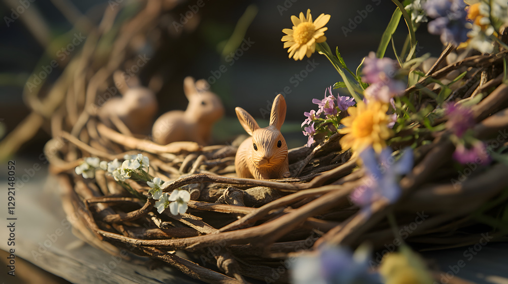 Obraz premium A rustic Easter wreath made of woven willow twigs, adorned with wildflowers and tiny bunny figurines, perfect for springtime decoration.
