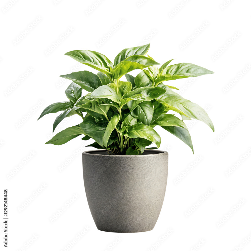 A Lush Green Potted Basil Plant with Fragrant Leaves Isolated on Transparent Background A Lush Green Potted Basil Plant with Fragrant Leaves Isolated on Transparent Background