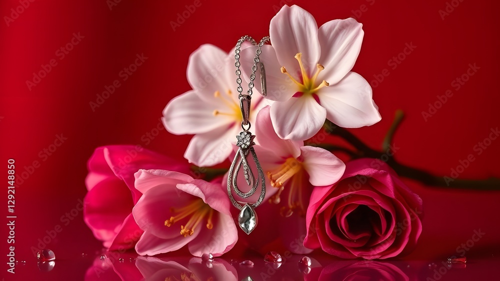 Obraz premium Sleek Minimalist Jewelry Showcase with Spring Flowers on Deep Red Background
