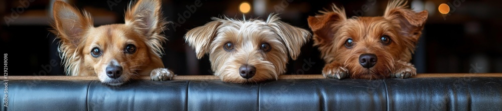 Three Adorable Dogs Waiting at the Table for Treats in the Cafe. Generative AI Three Adorable Dogs Waiting at the Table for Treats in the Cafe. Generative AI