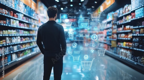Man stands in a retail store with digital overlays of shopping cart icons, data, and technology symbols represents the future of retail and the integration of technology into the shopping experience