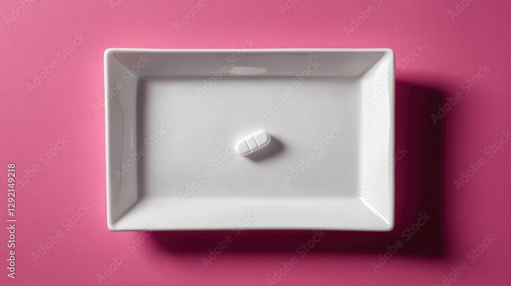 White pill on rectangular ceramic plate against pink background White pill on rectangular ceramic plate against pink background