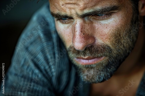  A close-up shot of a dejected man sitting alone, looking down with a sense of regret and uncertainty in his eyes. photo