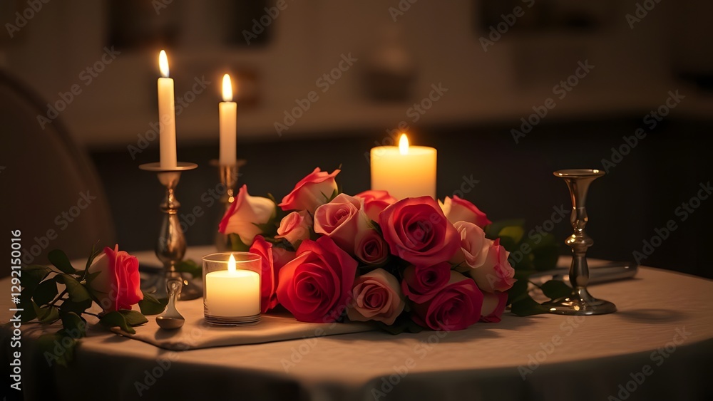 Enchanting Candlelit Romance Roses in Hyper-Realistic Setting Enchanting Candlelit Romance Roses in Hyper-Realistic Setting