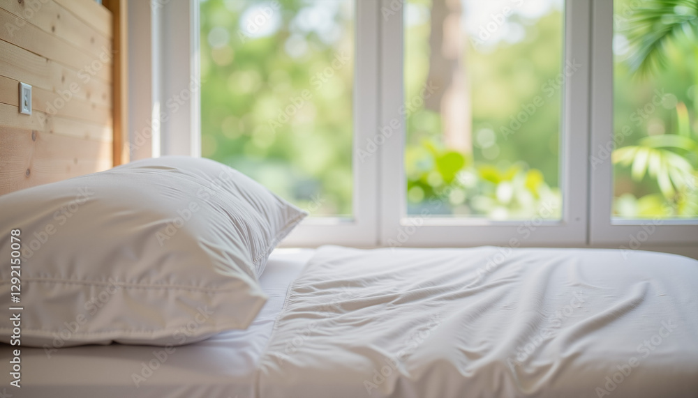 Clean white bed with a soft pillow near an open window, symbolizing hygiene, disease prevention, and a healthy living environment Clean white bed with a soft pillow near an open window, symbolizing hygiene, disease prevention, and a healthy living environment