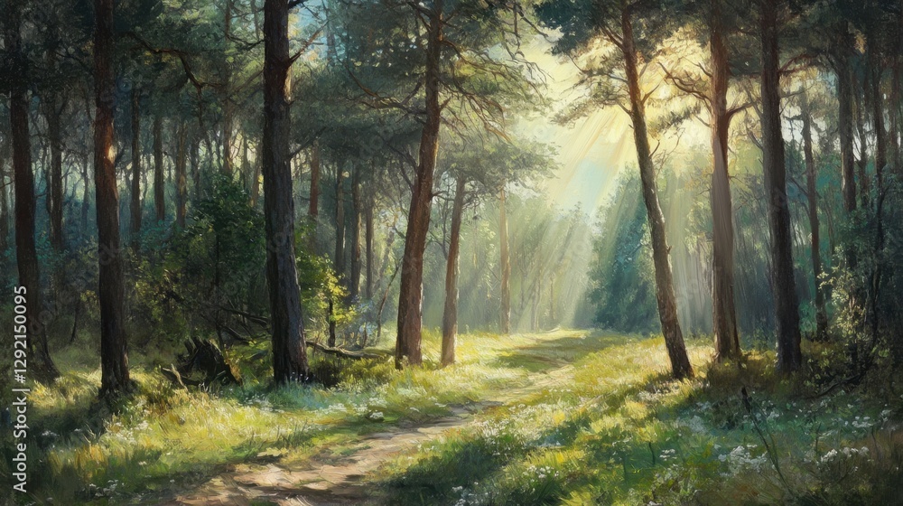 Obraz premium Beautiful forest in spring with bright sun shining through the trees