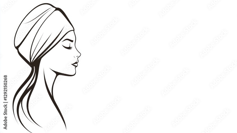 Elegant line art of female with head wrap on white background