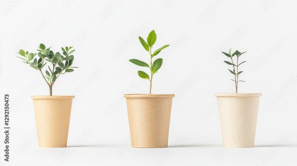 Disposable empty cardboard cups with a boxwood sprig on a white background Disposable empty cardboard cups with a boxwood sprig on a white background