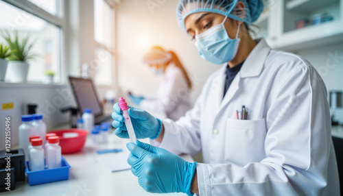 Female scientist in a laboratory examining a virus sample, researching mosquito-borne infections such as Zika, dengue, and Mayaro