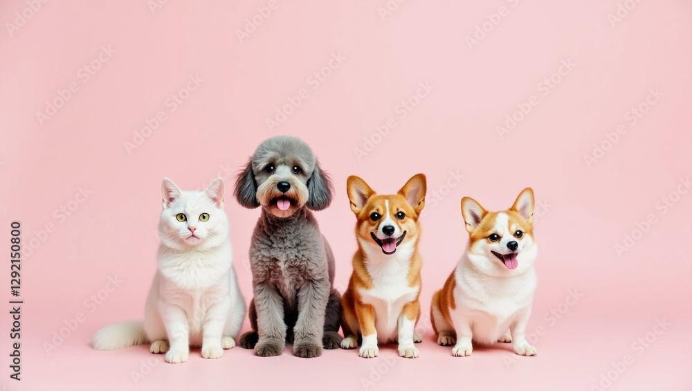 Obraz premium Playful dogs and cat pose together on pink background
