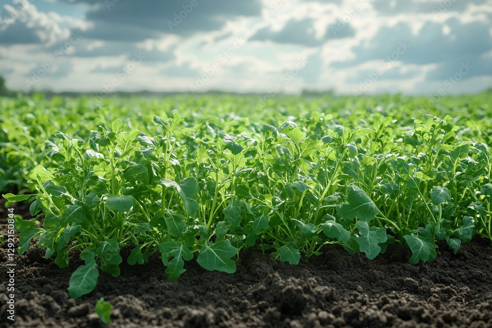 Vibrant Green Crop Field Under Bright Cloudy Sky Vibrant Green Crop Field Under Bright Cloudy Sky