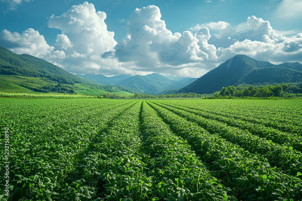 Lush Green Fields Under a Bright Blue Sky with Mountains Lush Green Fields Under a Bright Blue Sky with Mountains