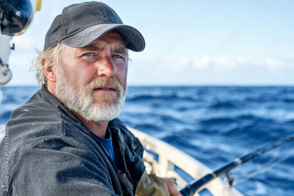 Experienced fisherman holding fishing rod on boat in open sea Experienced fisherman holding fishing rod on boat in open sea