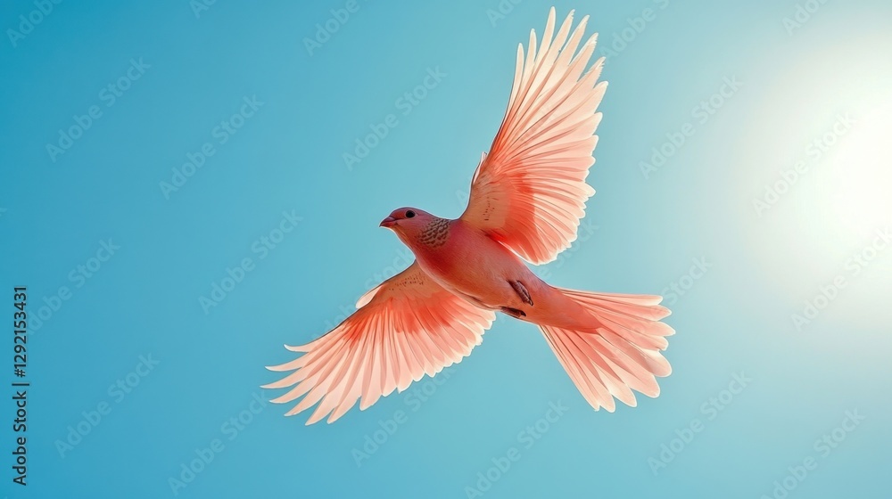Fototapeta premium A pink bird soaring gracefully against a bright blue sky in the afternoon light