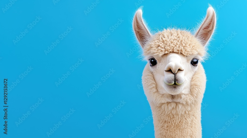Playful Alpaca Portrait Against Vivid Blue Background Playful Alpaca Portrait Against Vivid Blue Background