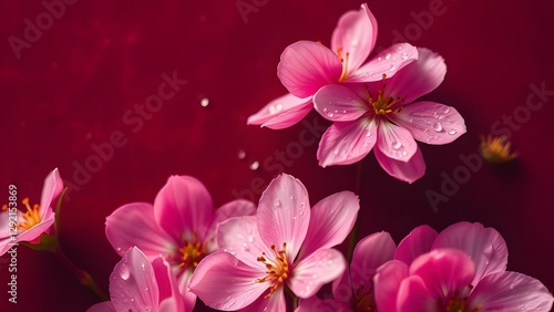 Glistening Spring Blooms Velvet Red Minimalism with Delicate Dewdrops