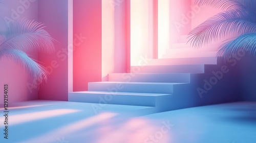 Dreamy pastel architectural scene with pink and blue lighting
