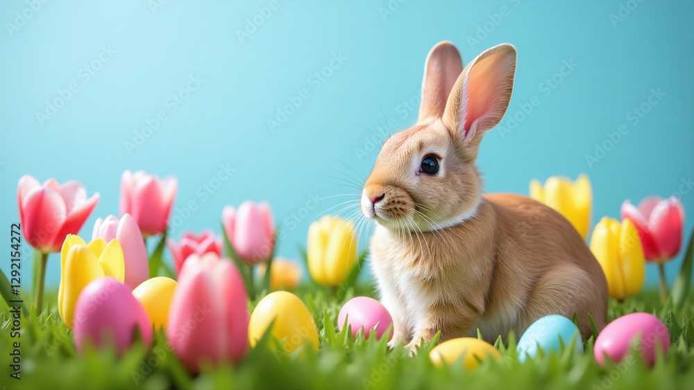 Fototapeta premium easter bunny sits among colorful tulip flowers serene blue