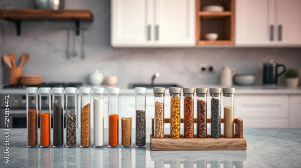 Aromatic spices in glass tubes display a rainbow of colors, adding a touch of culinary elegance to the kitchen. Aromatic spices in glass tubes display a rainbow of colors, adding a touch of culinary elegance to the kitchen.