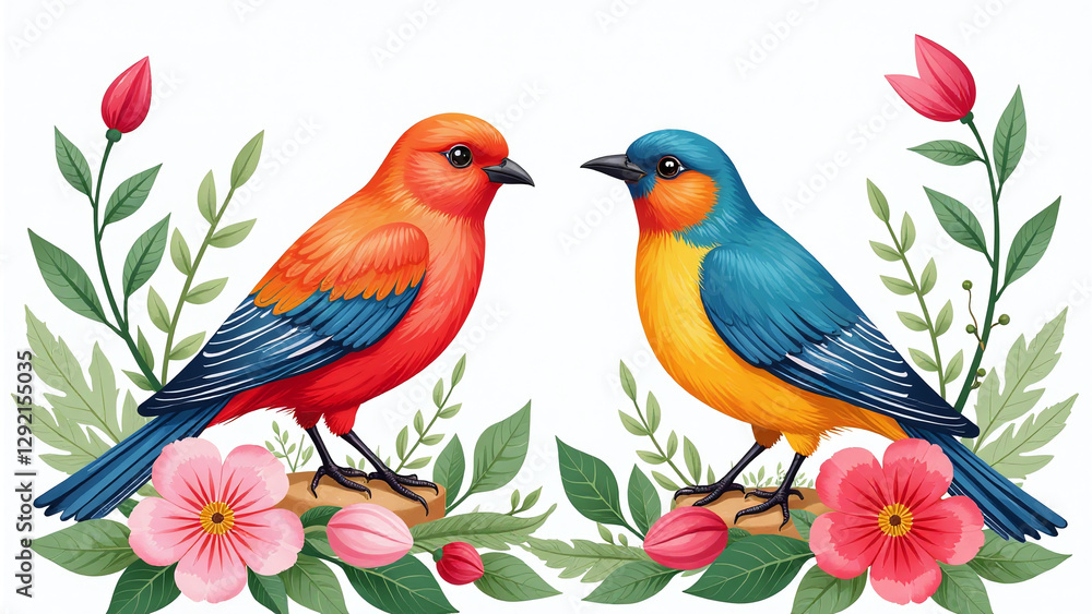 Obraz premium vibrant bohemian easter artwork features colorful birds amidst lush foliage watercolor