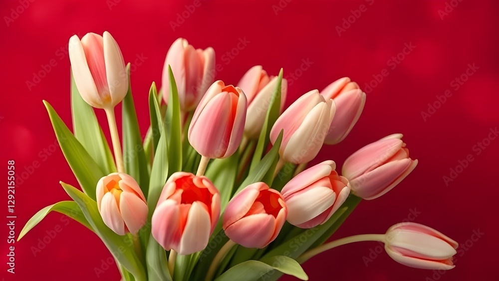 Gorgeous Tulip Bouquet in Soft Daylight Against Deep Red Background Gorgeous Tulip Bouquet in Soft Daylight Against Deep Red Background