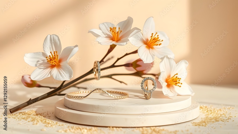 Fototapeta premium Ethereal Minimalist Jewelry Display with Spring Flowers and Golden Dust