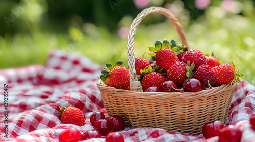 A summer picnic with a fruit basket filled with strawberries, raspberries, and cherries on a picnic blanket.