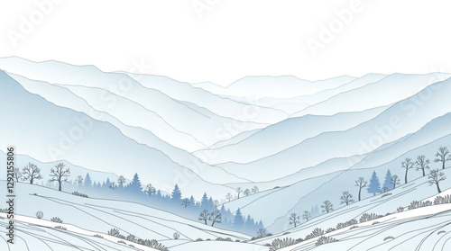 Outline misty mountain valley minimalist and elegant vector landscape.