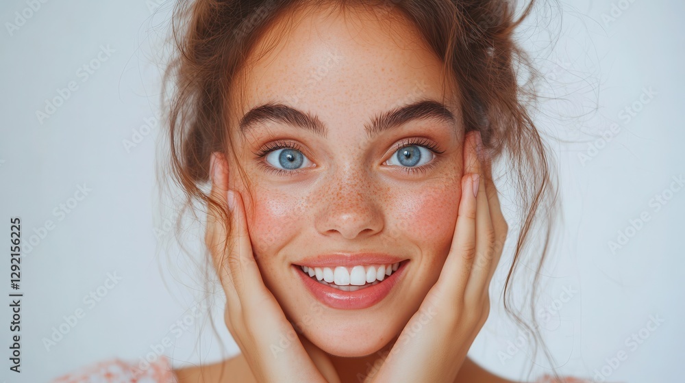 Joyful young caucasian female with freckles smiling broadly Joyful young caucasian female with freckles smiling broadly