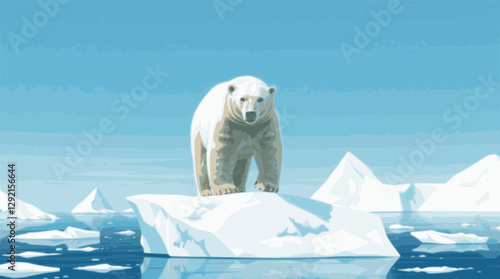 Majestic polar bear vector illustration standing on an iceberg with Arctic scenery.