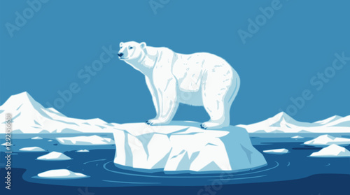 Majestic polar bear vector illustration standing on an iceberg with Arctic scenery.