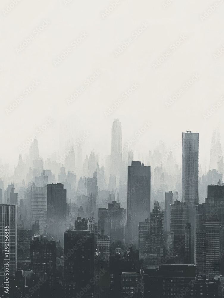 Cityscape enveloped in gray smog with silhouettes of buildings fading into haze and sky offering text space. Generative AI Cityscape enveloped in gray smog with silhouettes of buildings fading into haze and sky offering text space. Generative AI