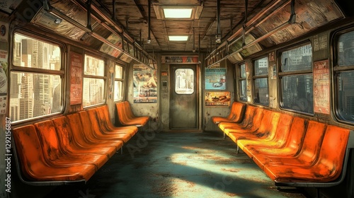 A deserted subway car featuring orange seats and advertisements, highlighting urban transport aesthetics.