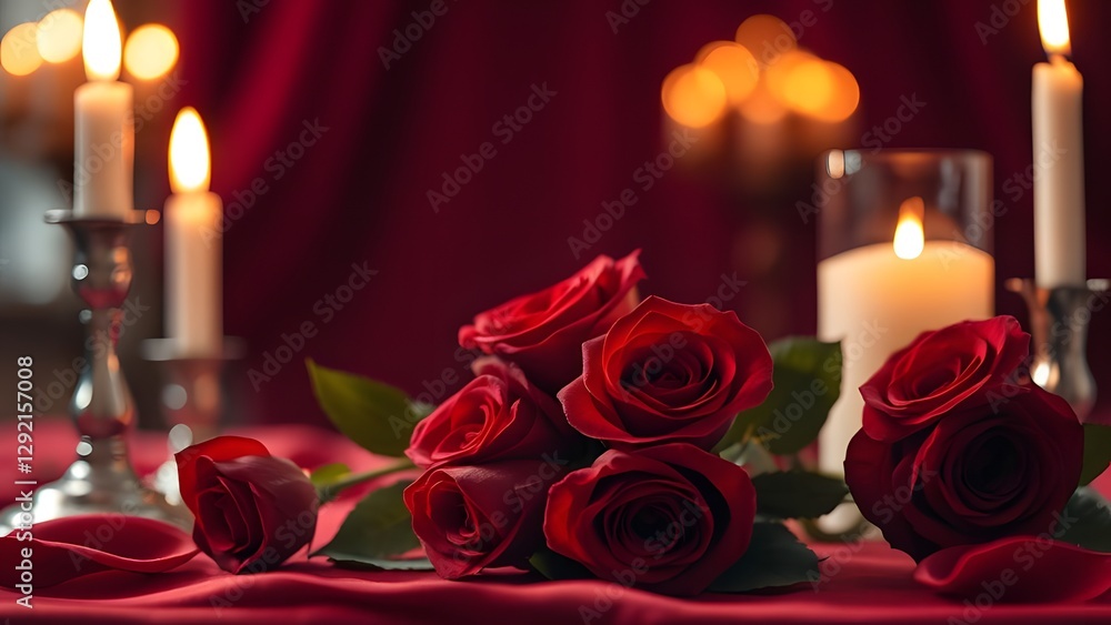 Enchanting Evening Candlelit dinner with roses in dramatic high contrast against deep red, velvety textures. Soft bokeh background adds depth Enchanting Evening Candlelit dinner with roses in dramatic high contrast against deep red, velvety textures. Soft bokeh background adds depth
