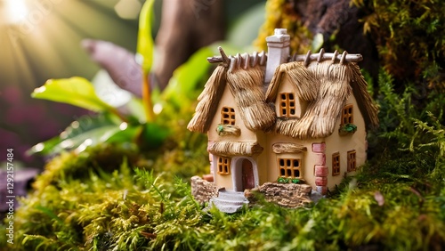 Miniature house in the forest, small cozy home model, cottage in nature, close-up photo