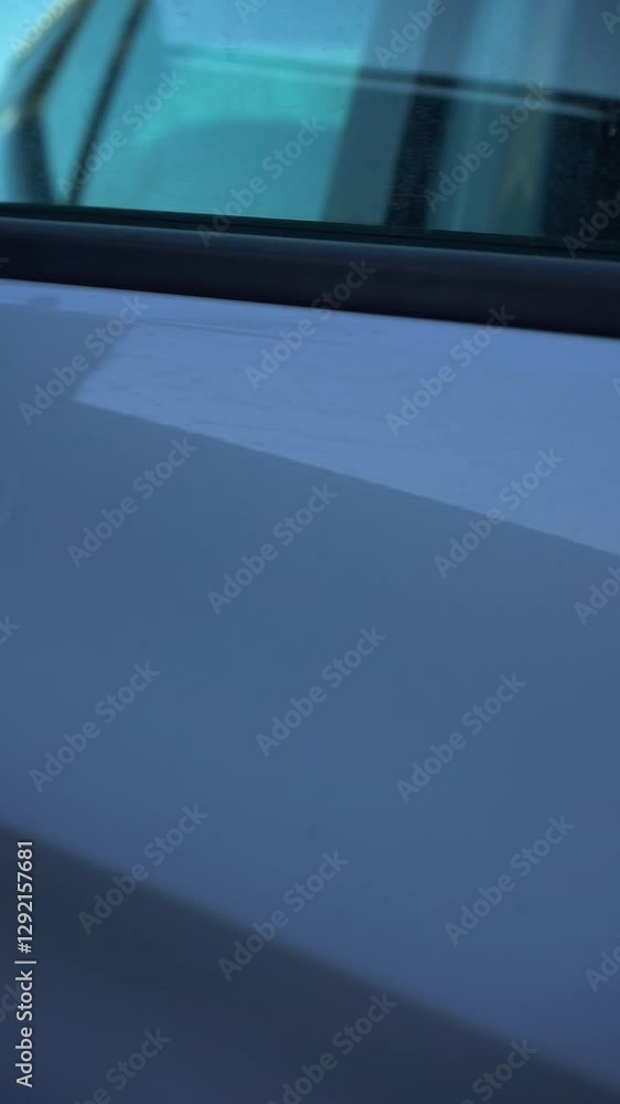 Close up of A woman opens the driver's seat door and gets behind the steering wheel of a new white car and closes the door. Close up of A woman opens the driver's seat door and gets behind the steering wheel of a new white car and closes the door.