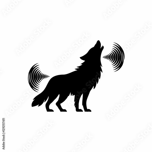 "The Call of the Wild: A Wolf’s Howl in Sound" is a minimalist black-and-white graphic illustration that powerfully captures the primal essence of a wolf howling at the moon. The silhouette of the wol