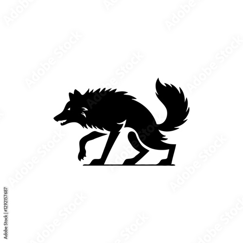 "The Silent Stalker: A Wolf in Pursuit" is a striking black-and-white silhouette that captures the eerie presence of a wolf in its most primal, stalking pose. From a side view, the wolf’s sharp teeth 